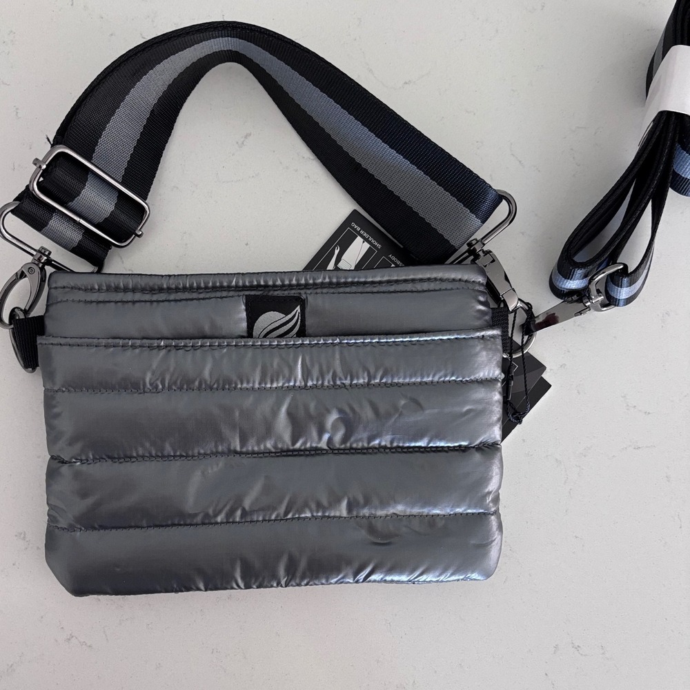 NWT Think Royln Downtown Dutchess Pearl Gray Metallic Silver Puff Crossbody Bag